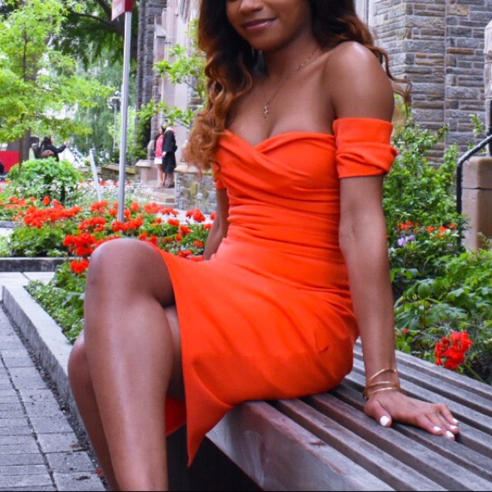 Orange off the shoulder dress